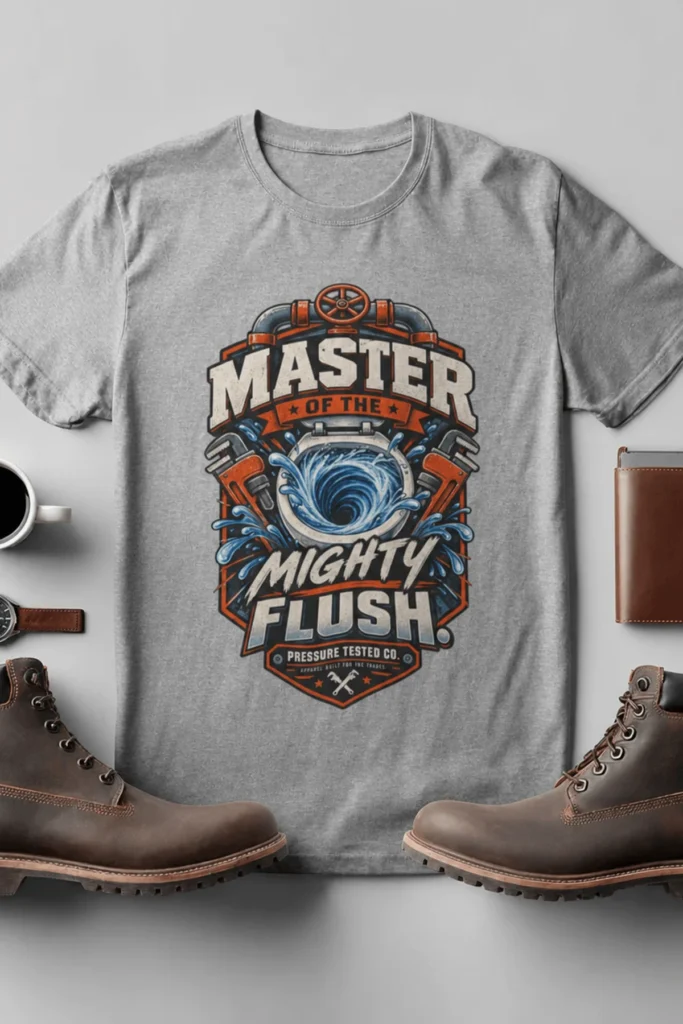 Master of the Mighty Flush T-Shirt — Plumber/Funny Toilet Repair Tee — athletic-heather t-shirt, flat-lay product photo | Pressure Tested Co