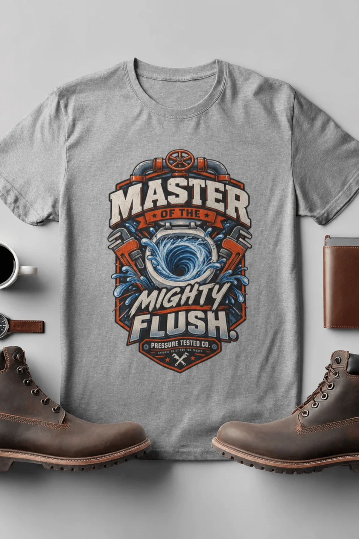 Master of the Mighty Flush T-Shirt — Plumber/Funny Toilet Repair Tee — athletic-heather t-shirt, flat-lay product photo | Pressure Tested Co