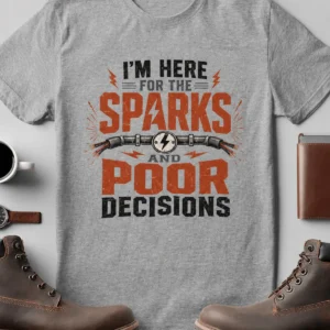 Sparks and Poor Decisions Tee — Funny Electrician/Party Graphic T-Shirt — athletic-heather t-shirt, flat-lay product photo | Pressure Tested Co