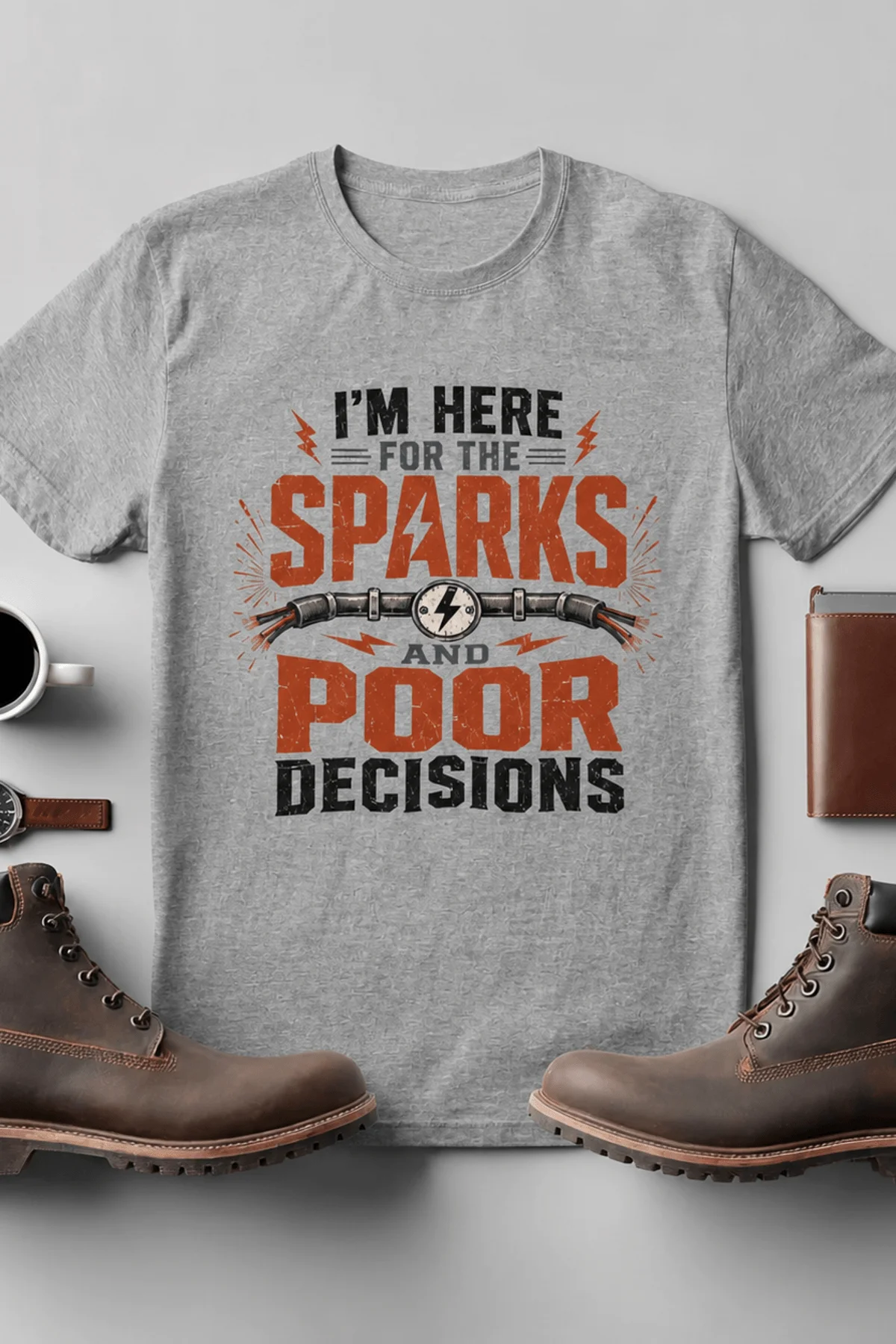 Sparks and Poor Decisions Tee — Funny Electrician/Party Graphic T-Shirt — athletic-heather t-shirt, flat-lay product photo | Pressure Tested Co