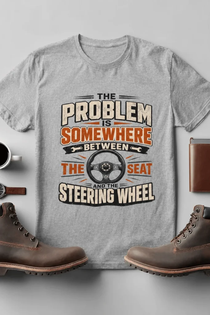 Driving Humor T-Shirt — "The Problem Is Somewhere Between The Seat And The Steering Wheel" — athletic-heather t-shirt, flat-lay product photo | Pressure Tested Co