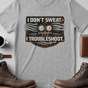 HVAC Tech T-Shirt – "I Don't Sweat. I Troubleshoot." Retro Tech Shirt — athletic-heather t-shirt, flat-lay product photo | Pressure Tested Co