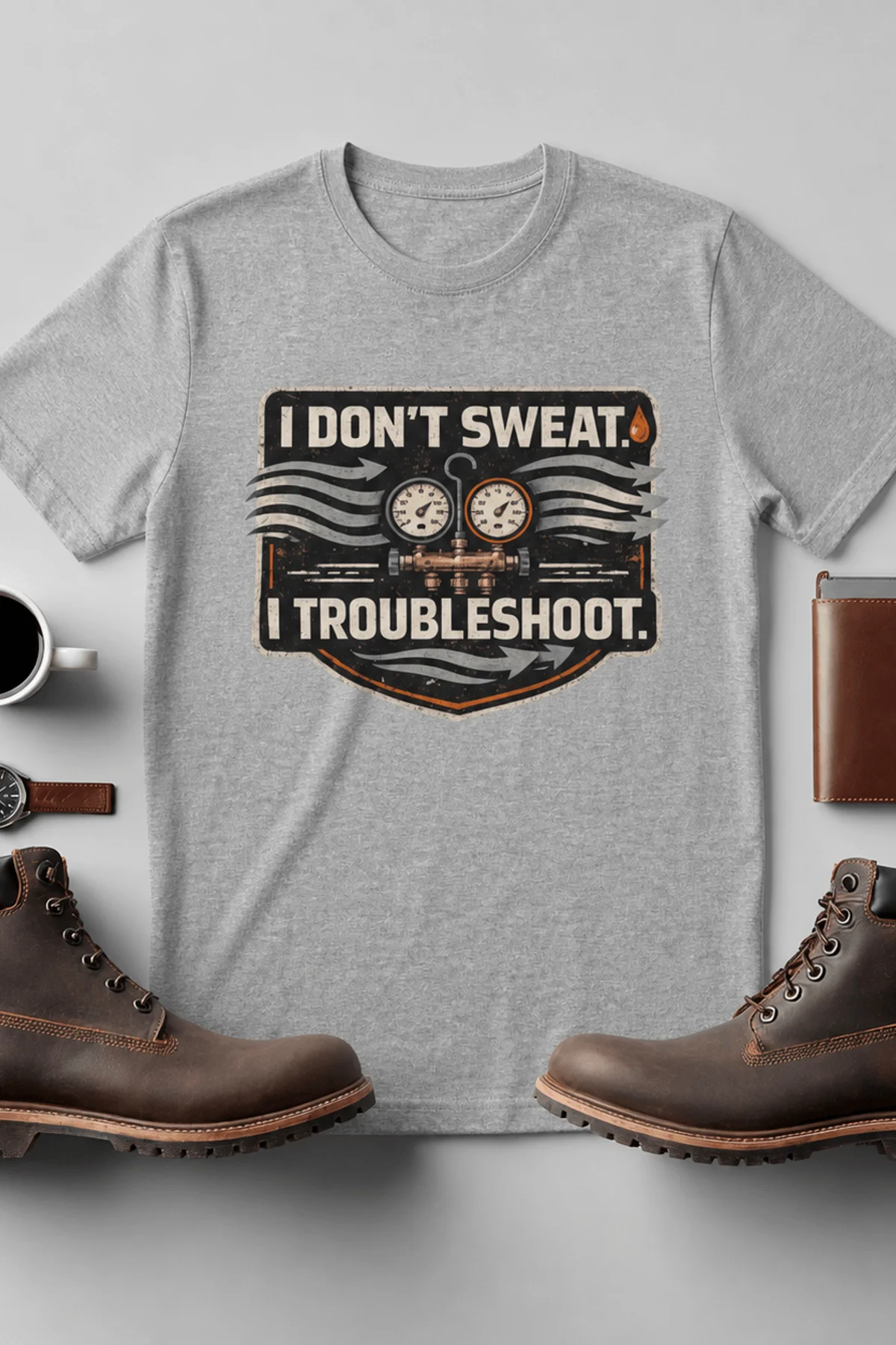 HVAC Tech T-Shirt – "I Don't Sweat. I Troubleshoot." Retro Tech Shirt — athletic-heather t-shirt, flat-lay product photo | Pressure Tested Co