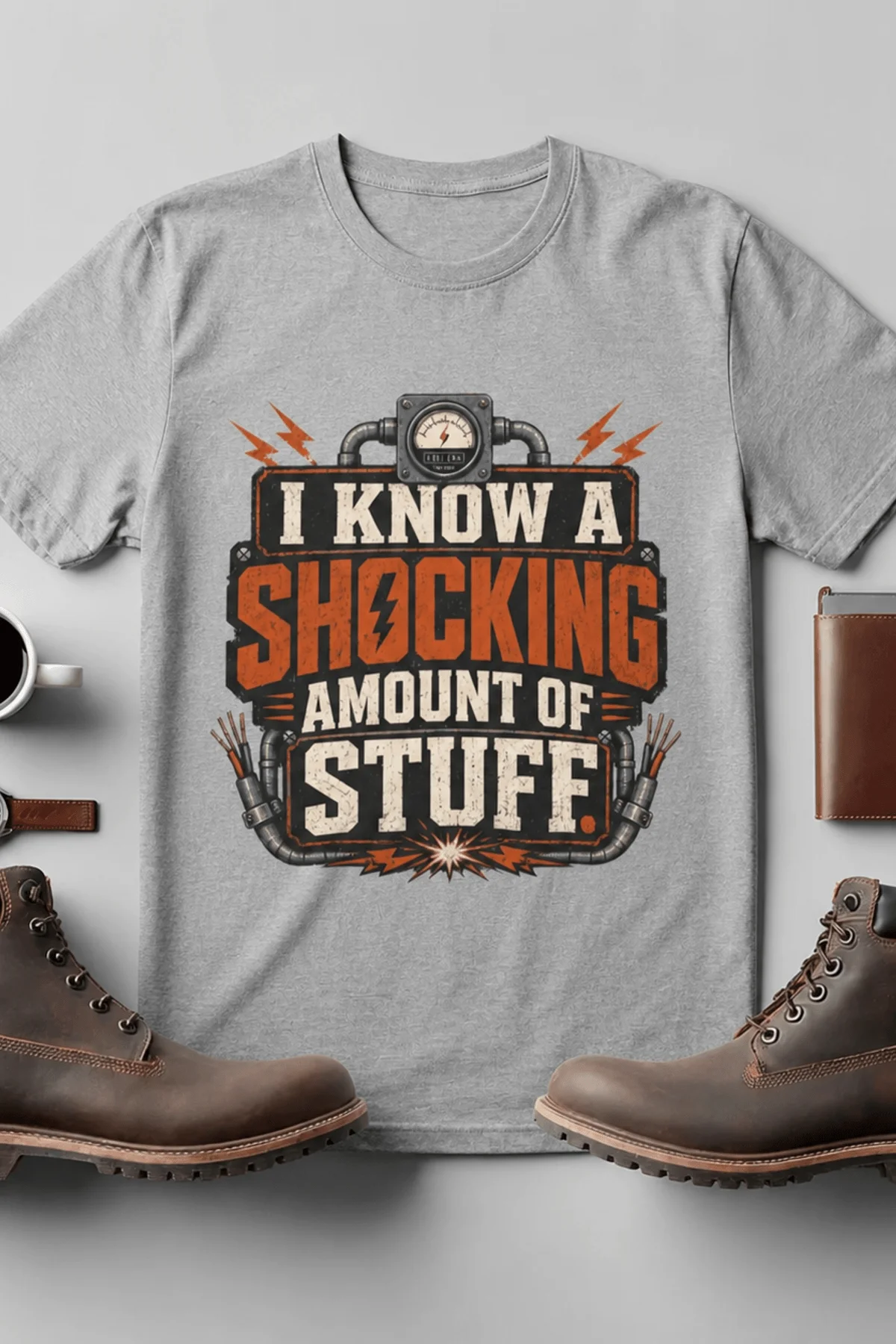 I Know A Shocking Amount Of Stuff T-Shirt — Electrician Science Humorous Tee — athletic-heather t-shirt, flat-lay product photo | Pressure Tested Co