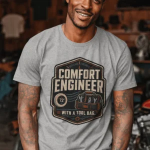 HVAC Tech T-Shirt — "Comfort Engineer" Vintage Tee with a Tool Bag — athletic-heather t-shirt, model photo | Pressure Tested Co