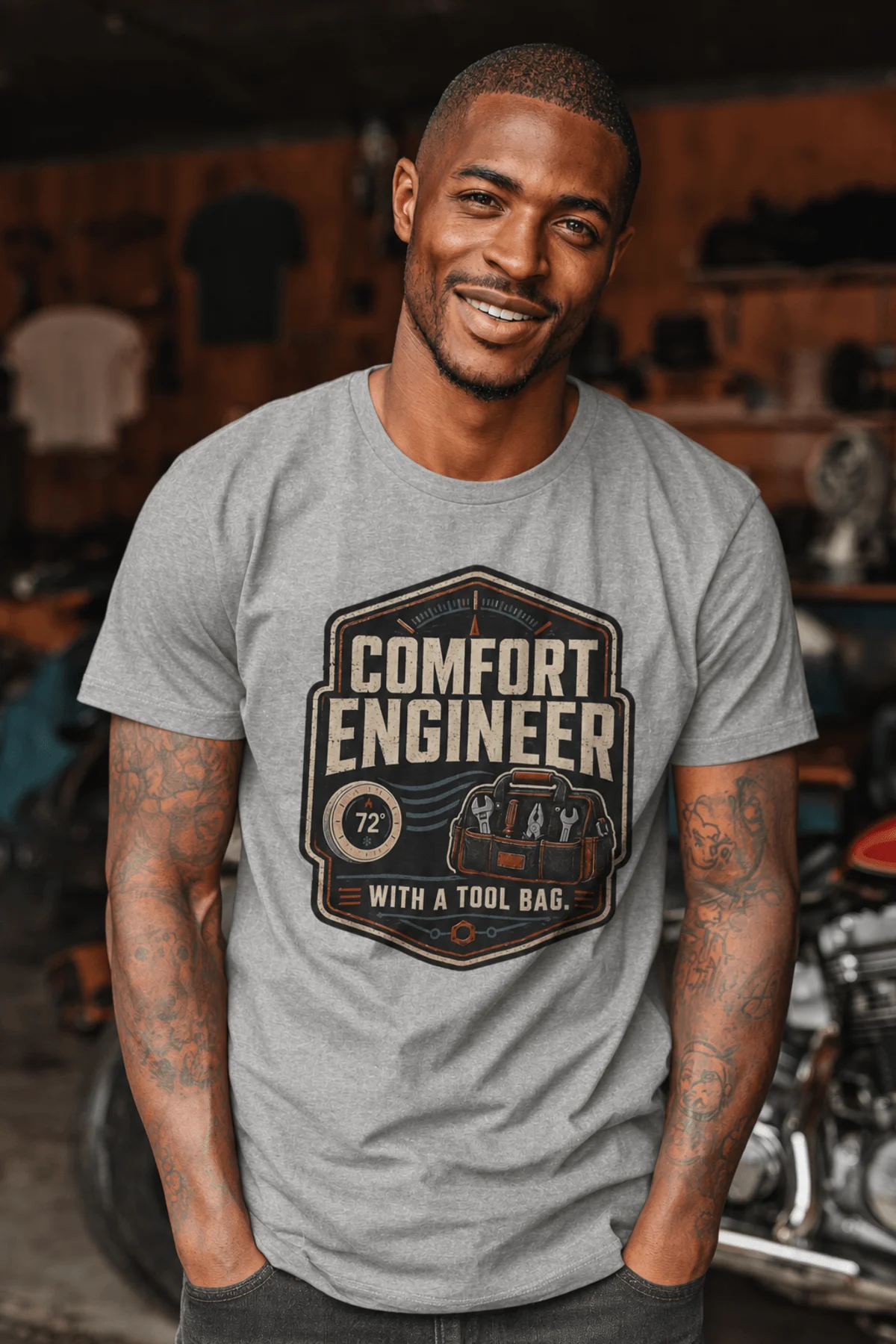 HVAC Tech T-Shirt — "Comfort Engineer" Vintage Tee with a Tool Bag — athletic-heather t-shirt, model photo | Pressure Tested Co