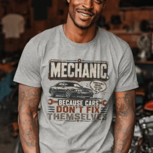 Mechanic Tee — "Mechanic. Because Cars Don't Fix Themselves" Funny Vintage Auto Technician Repair Shirt — athletic-heather t-shirt, model photo | Pressure Tested Co