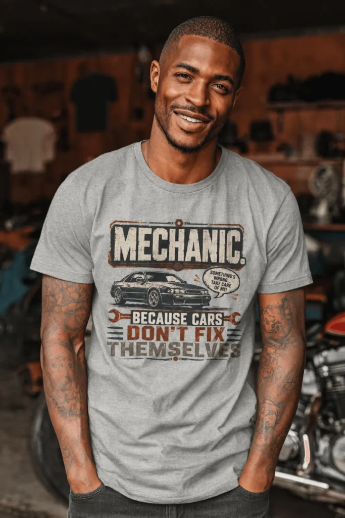 Mechanic Tee — "Mechanic. Because Cars Don't Fix Themselves" Funny Vintage Auto Technician Repair Shirt — athletic-heather t-shirt, model photo | Pressure Tested Co