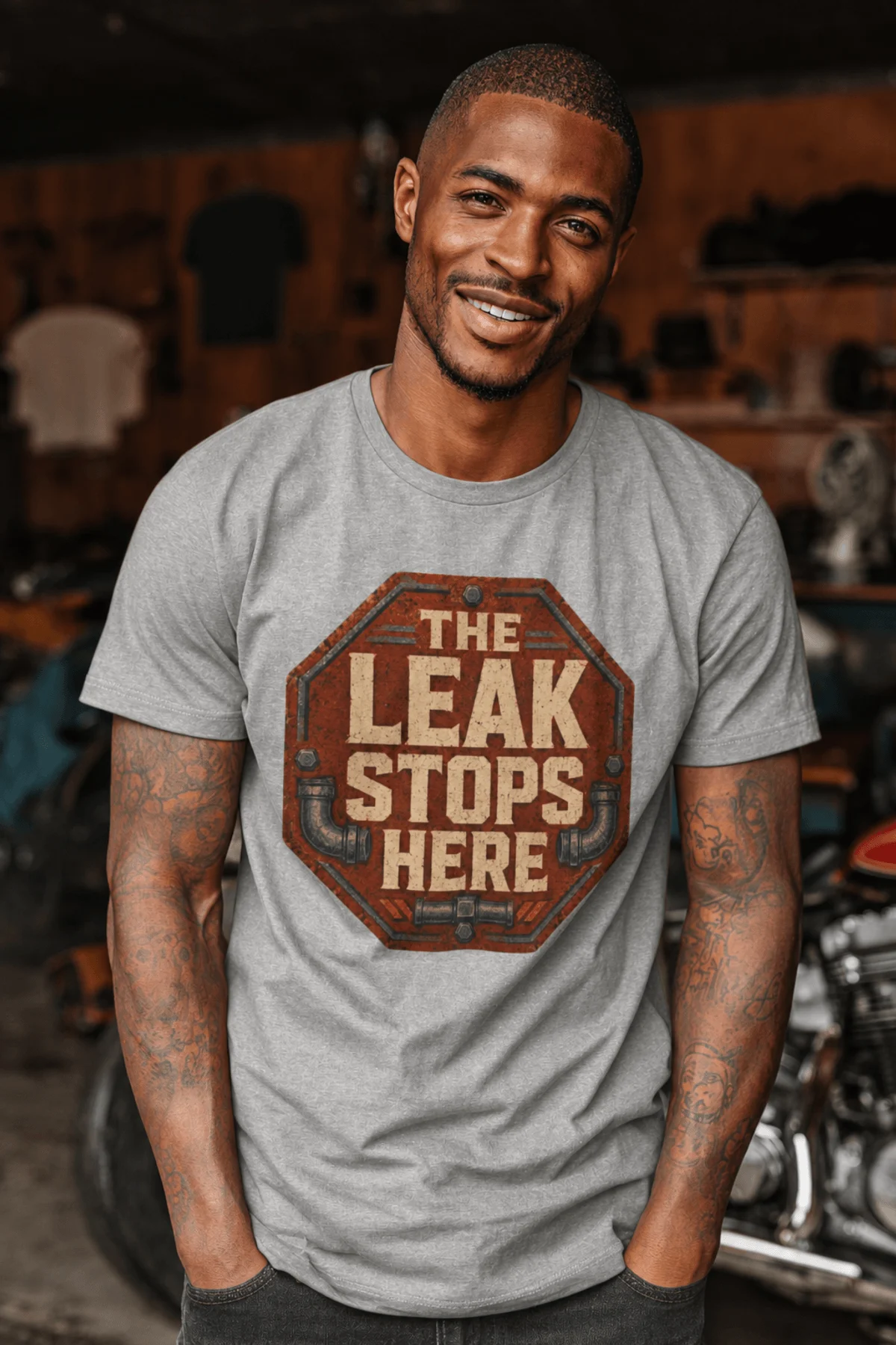 "The Leak Stops Here" Stop Sign Badge Style — Plumbing Repair Tech Humorous Tee — athletic-heather t-shirt, model photo | Pressure Tested Co