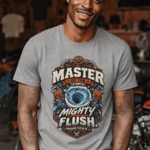 Master of the Mighty Flush T-Shirt — Plumber/Funny Toilet Repair Tee — athletic-heather t-shirt, model photo | Pressure Tested Co