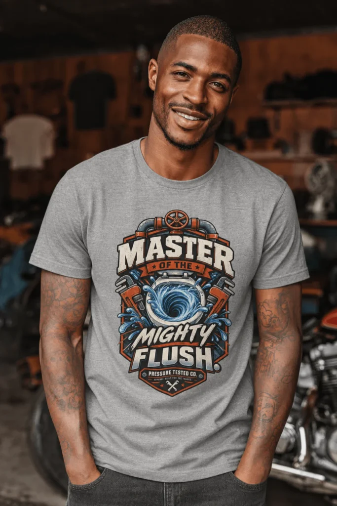 Master of the Mighty Flush T-Shirt — Plumber/Funny Toilet Repair Tee — athletic-heather t-shirt, model photo | Pressure Tested Co