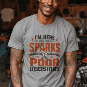 Sparks and Poor Decisions Tee — Funny Electrician/Party Graphic T-Shirt — athletic-heather t-shirt, model photo | Pressure Tested Co