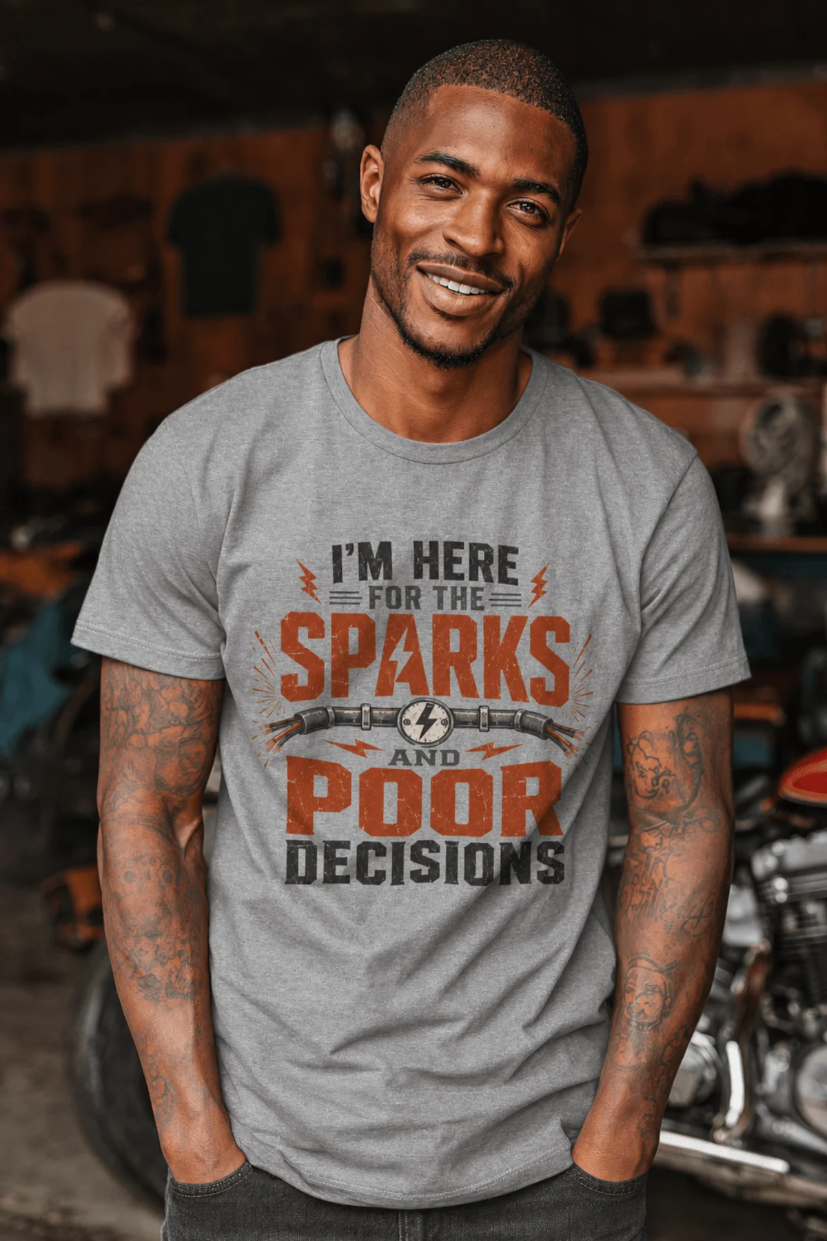 Sparks and Poor Decisions Tee — Funny Electrician/Party Graphic T-Shirt — athletic-heather t-shirt, model photo | Pressure Tested Co