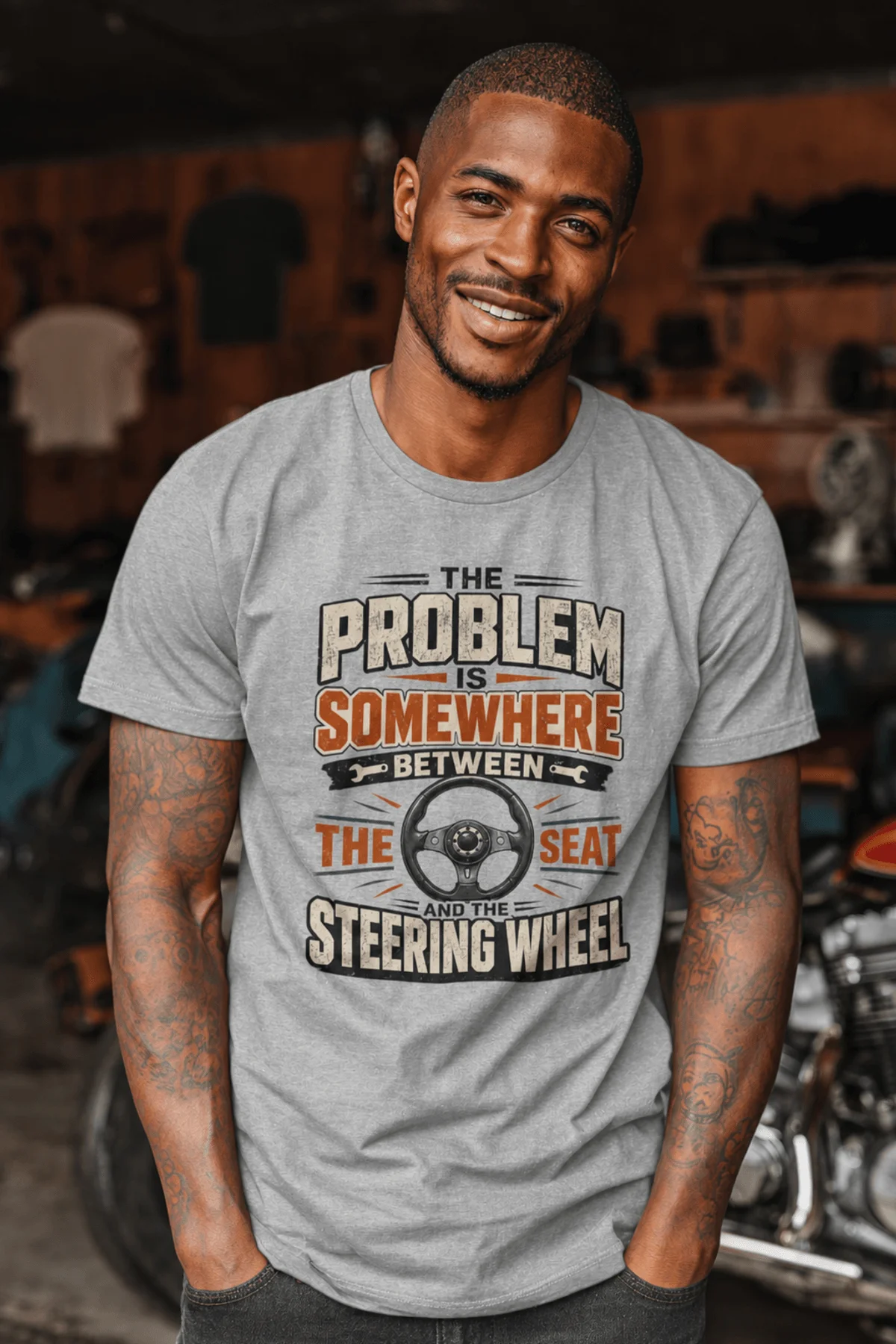Driving Humor T-Shirt — "The Problem Is Somewhere Between The Seat And The Steering Wheel" — athletic-heather t-shirt, model photo | Pressure Tested Co