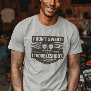 HVAC Tech T-Shirt – "I Don't Sweat. I Troubleshoot." Retro Tech Shirt — athletic-heather t-shirt, model photo | Pressure Tested Co