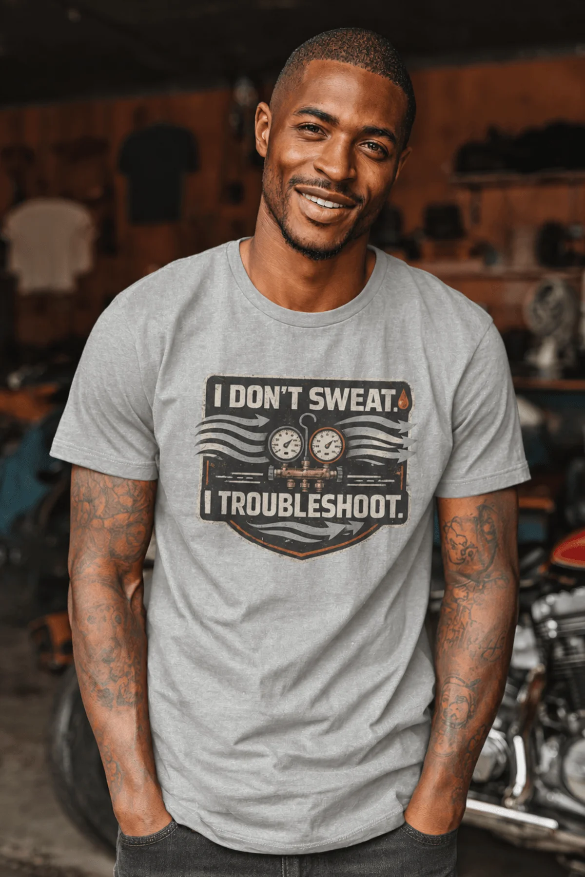 HVAC Tech T-Shirt – "I Don't Sweat. I Troubleshoot." Retro Tech Shirt — athletic-heather t-shirt, model photo | Pressure Tested Co