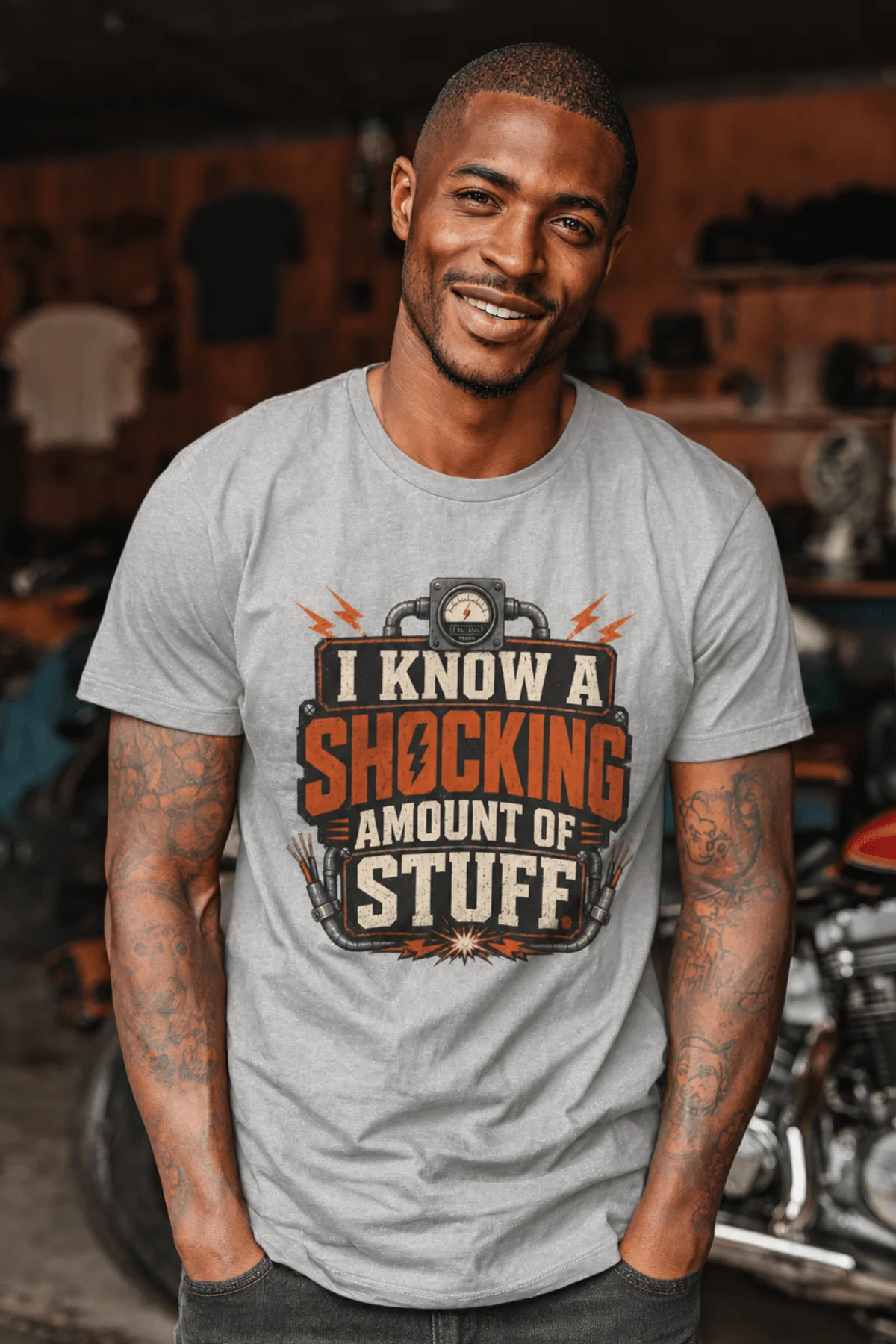 I Know A Shocking Amount Of Stuff T-Shirt — Electrician Science Humorous Tee — athletic-heather t-shirt, model photo | Pressure Tested Co