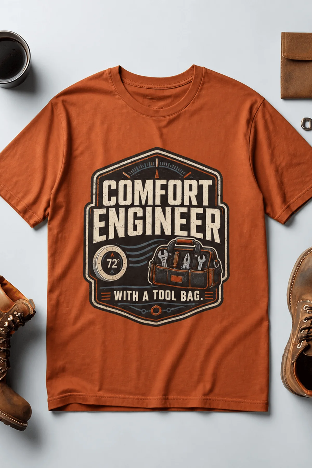 HVAC Tech T-Shirt — "Comfort Engineer" Vintage Tee with a Tool Bag — autumn t-shirt, flat-lay product photo | Pressure Tested Co