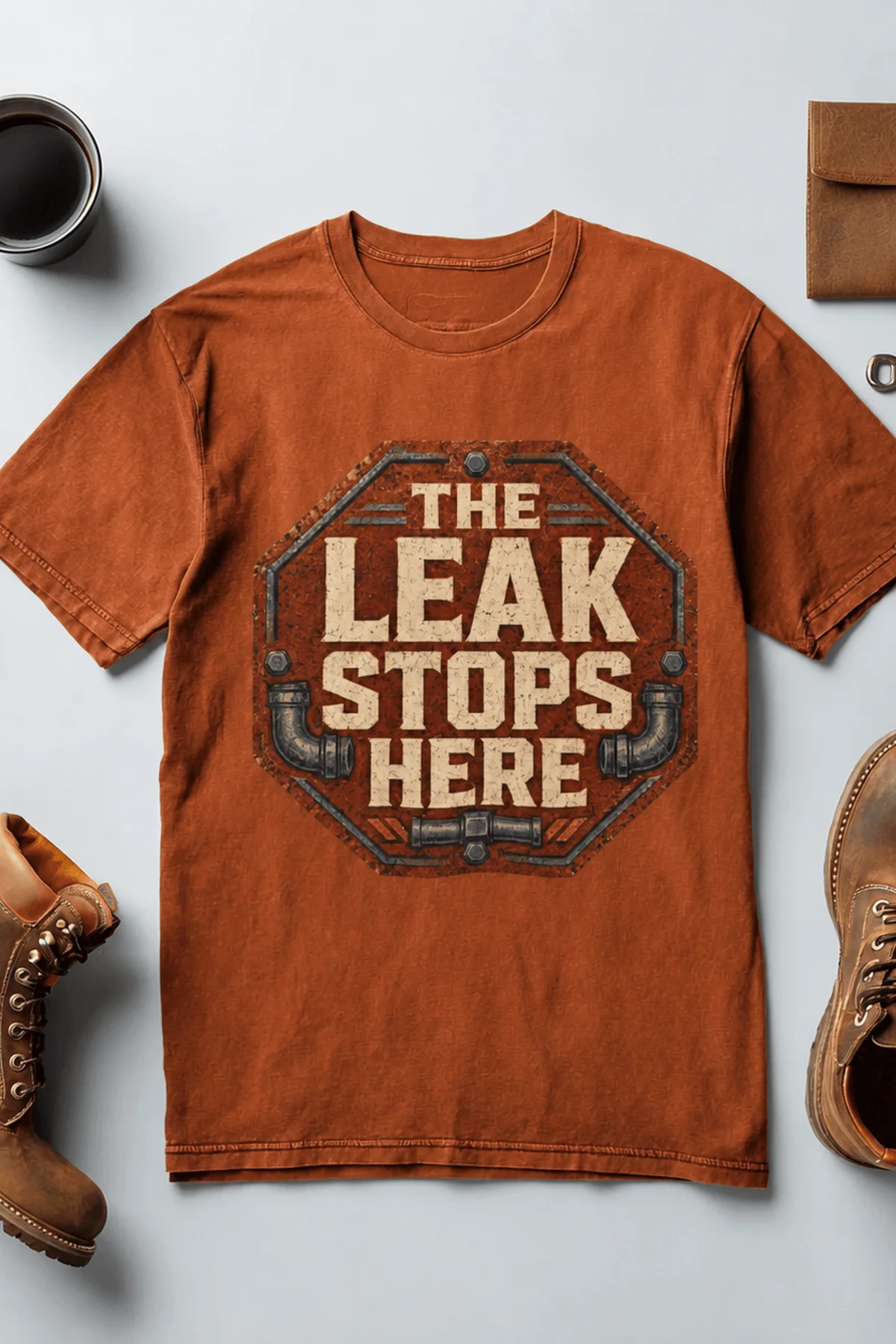"The Leak Stops Here" Stop Sign Badge Style — Plumbing Repair Tech Humorous Tee — autumn t-shirt, flat-lay product photo | Pressure Tested Co