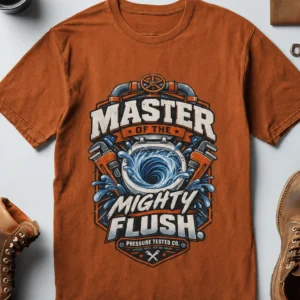 Master of the Mighty Flush T-Shirt — Plumber/Funny Toilet Repair Tee — autumn t-shirt, flat-lay product photo | Pressure Tested Co