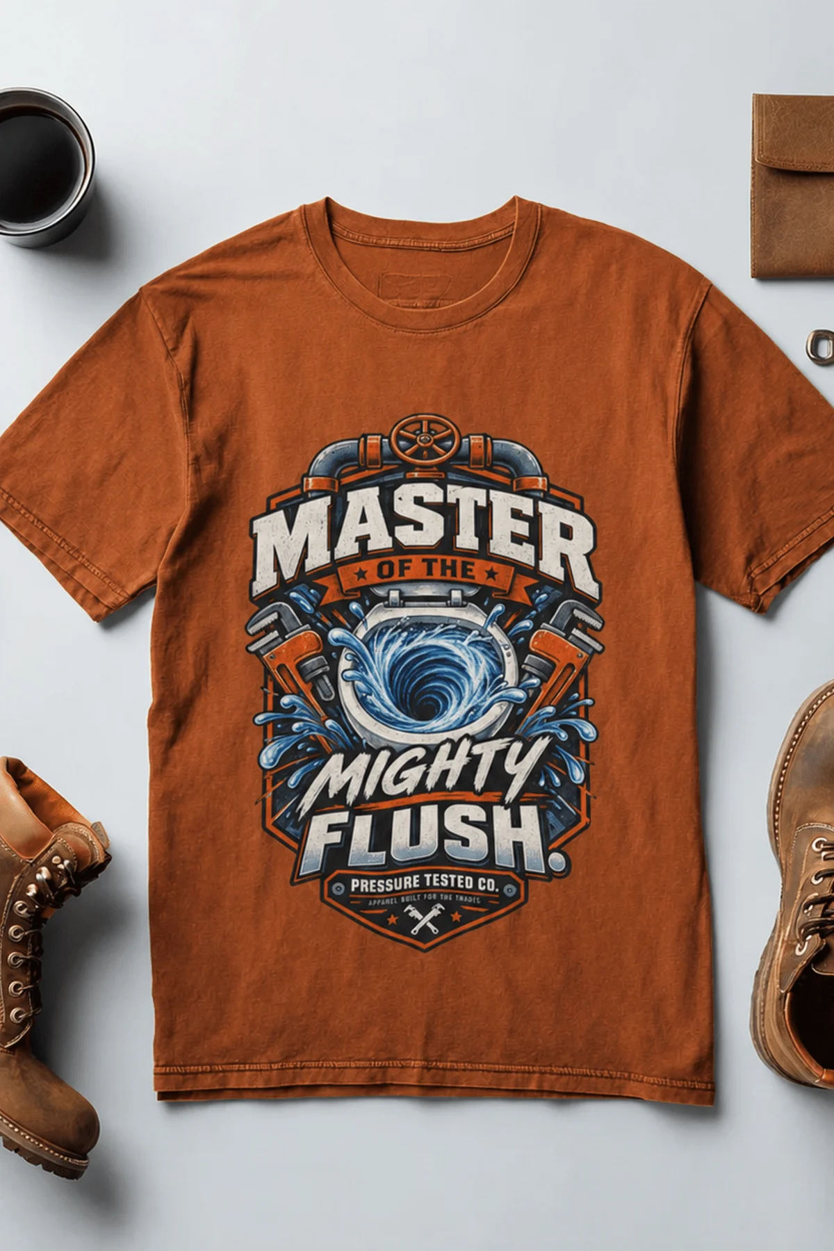 Master of the Mighty Flush T-Shirt — Plumber/Funny Toilet Repair Tee — autumn t-shirt, flat-lay product photo | Pressure Tested Co
