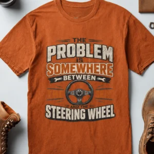 Driving Humor T-Shirt — "The Problem Is Somewhere Between The Seat And The Steering Wheel" — autumn t-shirt, flat-lay product photo | Pressure Tested Co