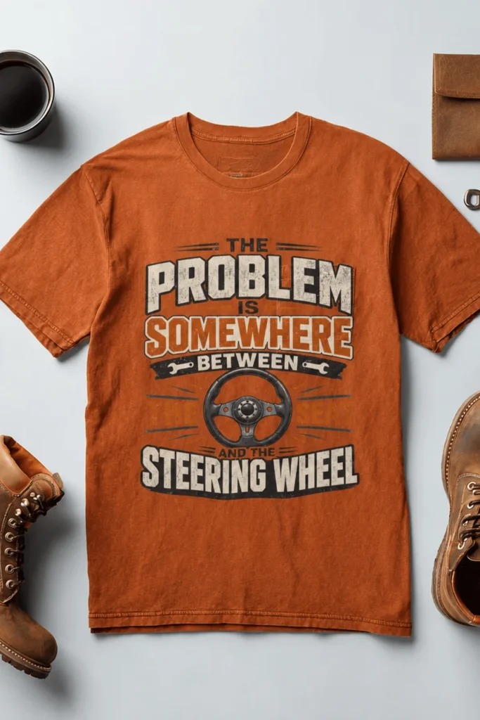 Driving Humor T-Shirt — "The Problem Is Somewhere Between The Seat And The Steering Wheel" — autumn t-shirt, flat-lay product photo | Pressure Tested Co