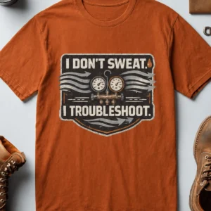 HVAC Tech T-Shirt – "I Don't Sweat. I Troubleshoot." Retro Tech Shirt — autumn t-shirt, flat-lay product photo | Pressure Tested Co