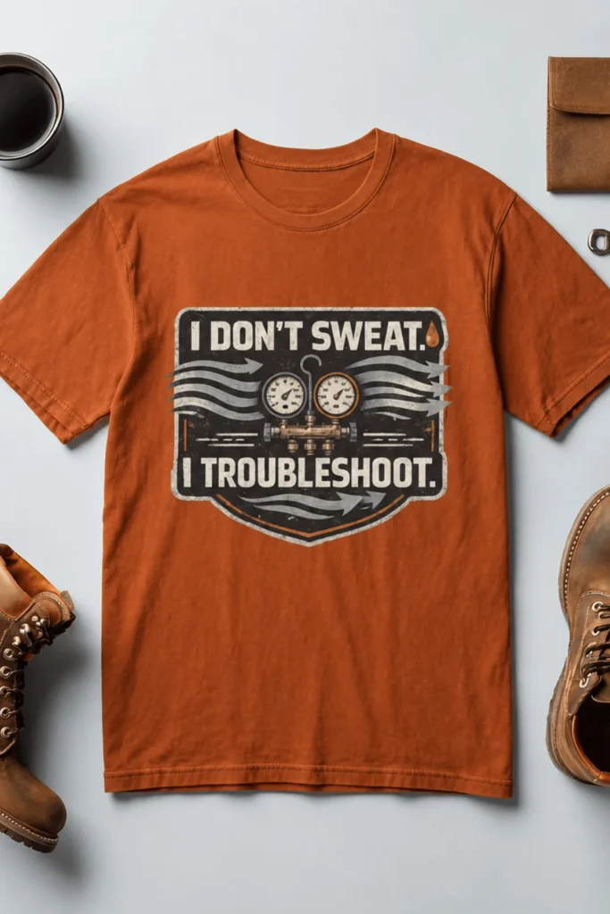 HVAC Tech T-Shirt – "I Don't Sweat. I Troubleshoot." Retro Tech Shirt — autumn t-shirt, flat-lay product photo | Pressure Tested Co