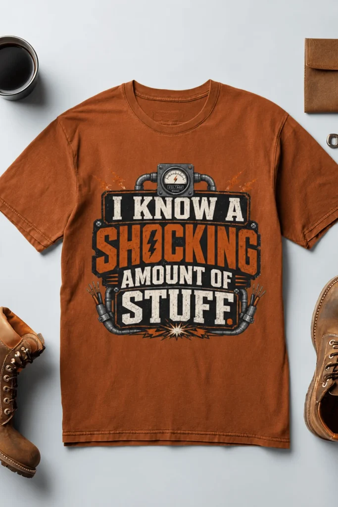 I Know A Shocking Amount Of Stuff T-Shirt — Electrician Science Humorous Tee — autumn t-shirt, flat-lay product photo | Pressure Tested Co