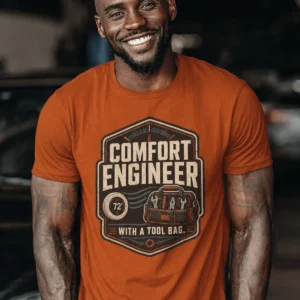 HVAC Tech T-Shirt — "Comfort Engineer" Vintage Tee with a Tool Bag — autumn t-shirt, model photo | Pressure Tested Co