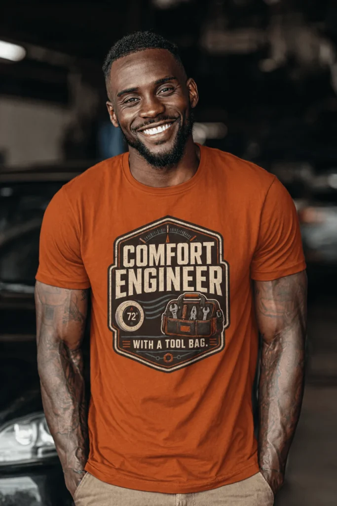 HVAC Tech T-Shirt — "Comfort Engineer" Vintage Tee with a Tool Bag — autumn t-shirt, model photo | Pressure Tested Co