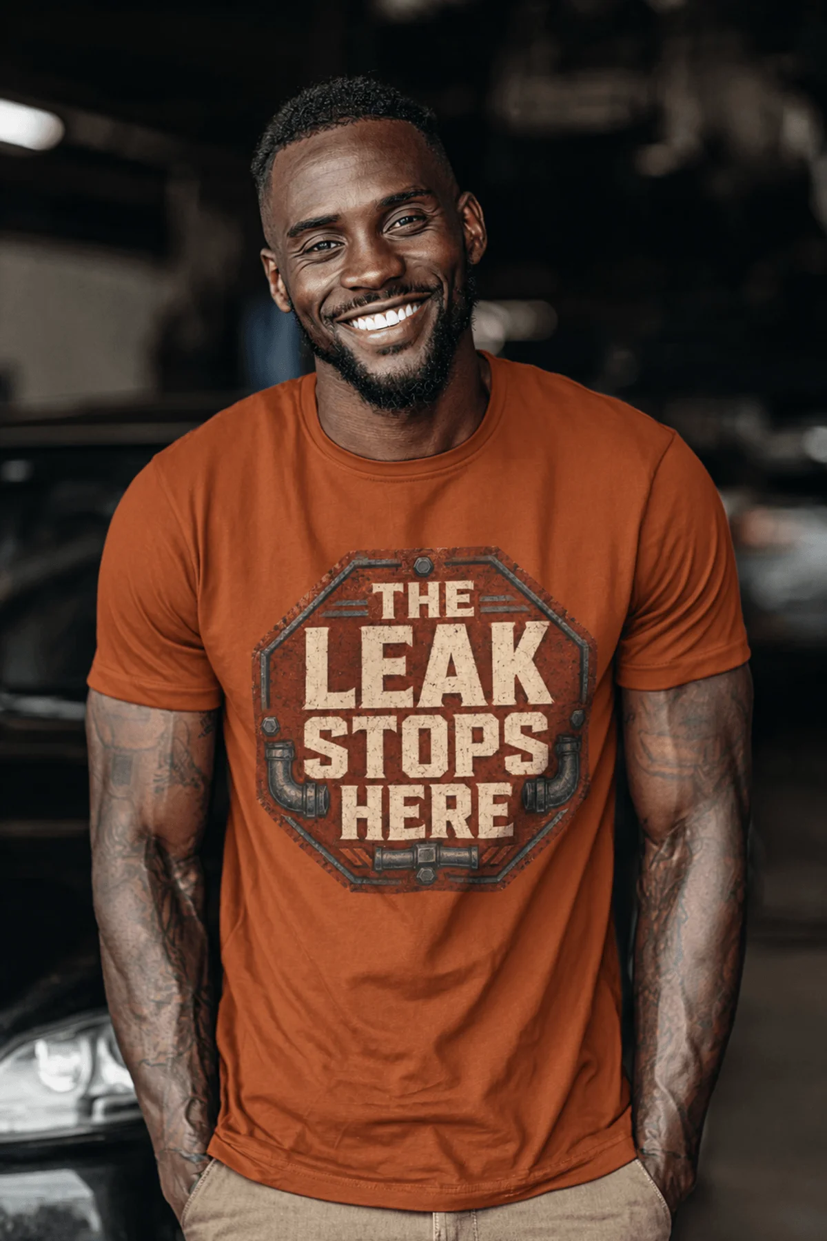 "The Leak Stops Here" Stop Sign Badge Style — Plumbing Repair Tech Humorous Tee — autumn t-shirt, model photo | Pressure Tested Co