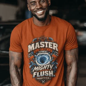 Master of the Mighty Flush T-Shirt — Plumber/Funny Toilet Repair Tee — autumn t-shirt, model photo | Pressure Tested Co