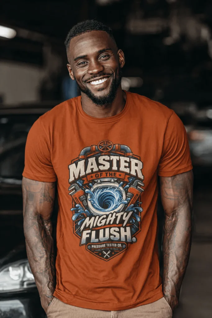 Master of the Mighty Flush T-Shirt — Plumber/Funny Toilet Repair Tee — autumn t-shirt, model photo | Pressure Tested Co