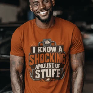 I Know A Shocking Amount Of Stuff T-Shirt — Electrician Science Humorous Tee — autumn t-shirt, model photo | Pressure Tested Co
