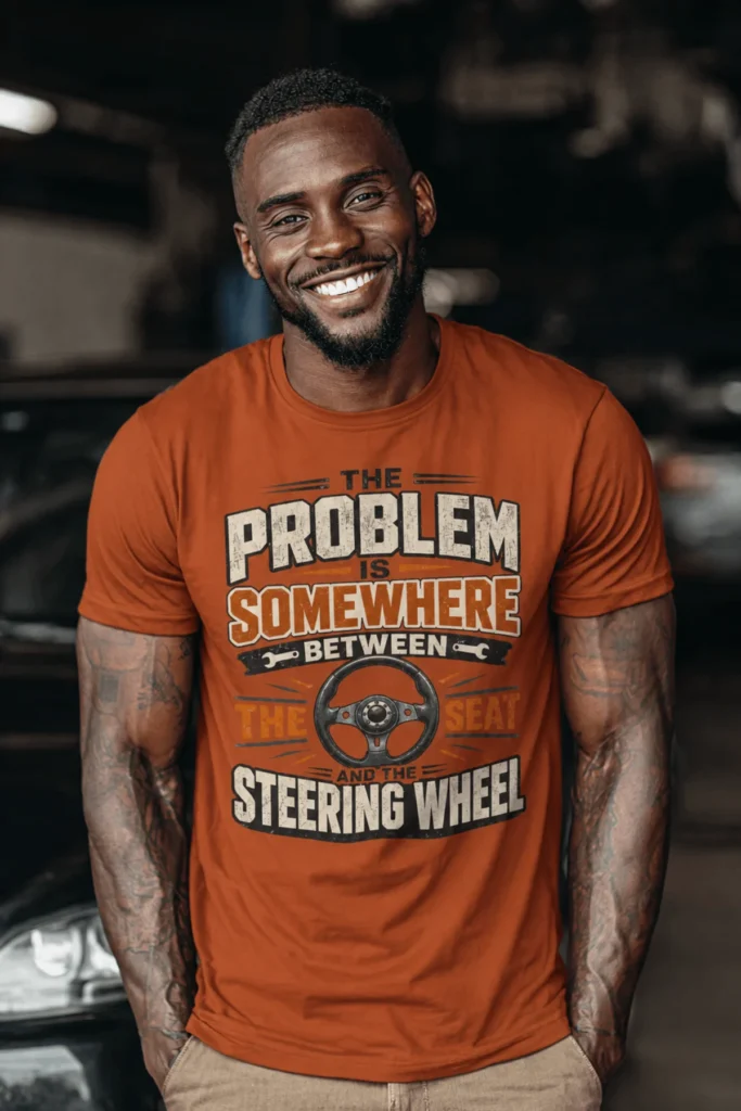 Driving Humor T-Shirt — "The Problem Is Somewhere Between The Seat And The Steering Wheel" — autumn t-shirt, model photo | Pressure Tested Co