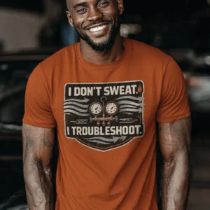 HVAC Tech T-Shirt – "I Don't Sweat. I Troubleshoot." Retro Tech Shirt — autumn t-shirt, model photo | Pressure Tested Co