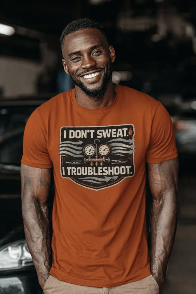 HVAC Tech T-Shirt – "I Don't Sweat. I Troubleshoot." Retro Tech Shirt — autumn t-shirt, model photo | Pressure Tested Co