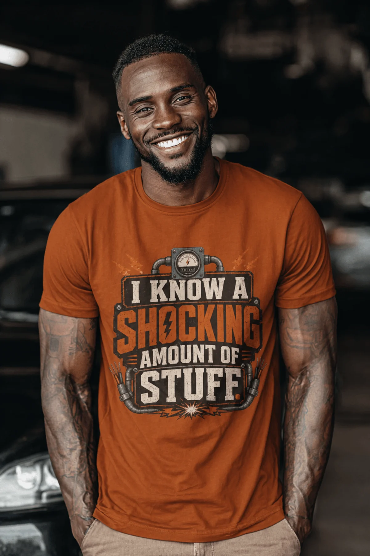 I Know A Shocking Amount Of Stuff T-Shirt — Electrician Science Humorous Tee — autumn t-shirt, model photo | Pressure Tested Co