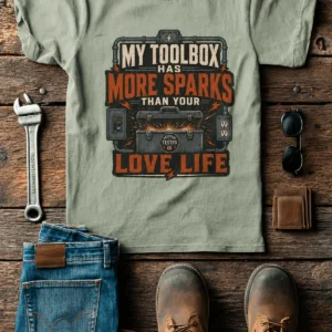 T-Shirt — "My Toolbox Has More Sparks Than Your Love Life" Electrician/Mechanic Workshop Tee — bay t-shirt, flat-lay product photo | Pressure Tested Co