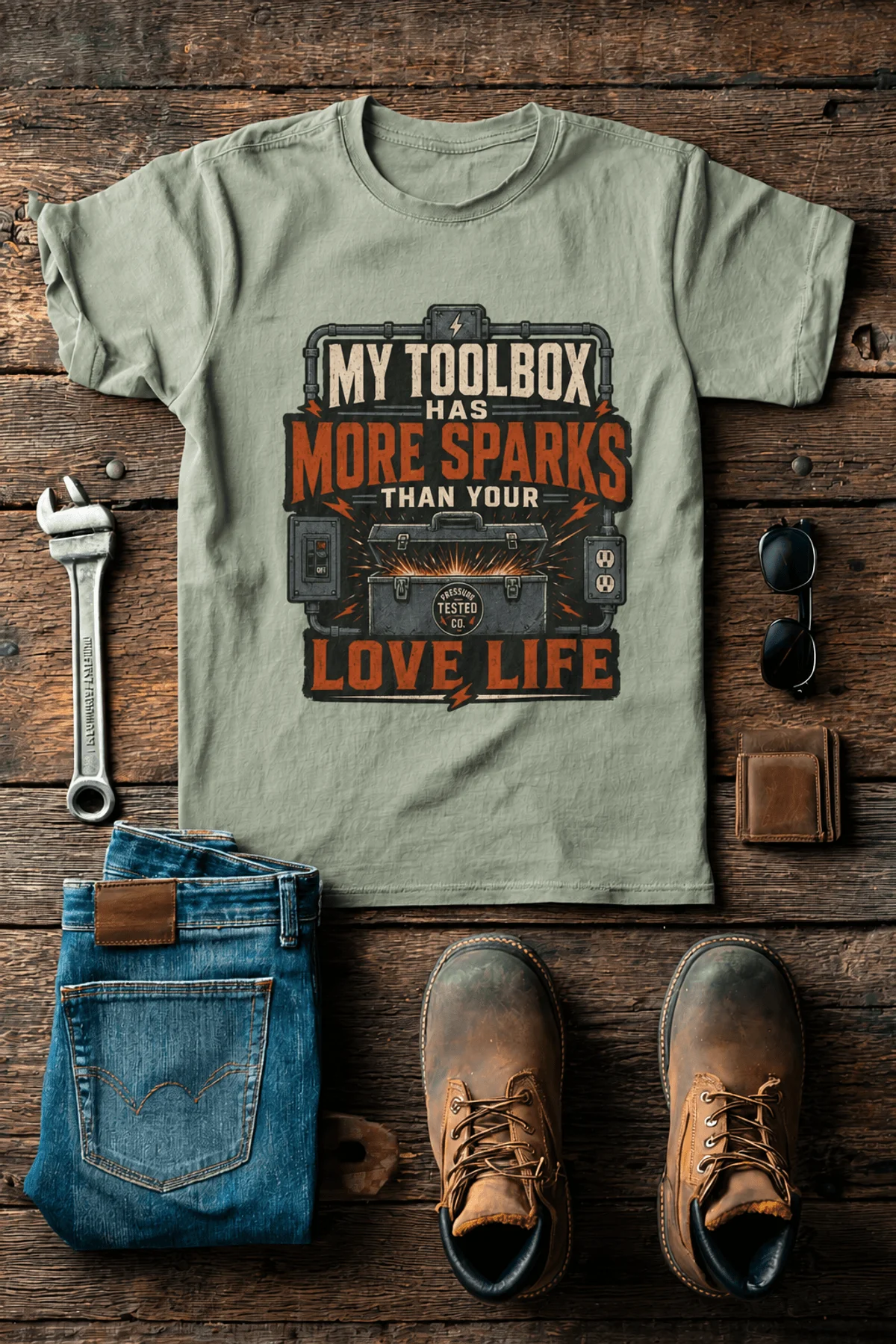 T-Shirt — "My Toolbox Has More Sparks Than Your Love Life" Electrician/Mechanic Workshop Tee — bay t-shirt, flat-lay product photo | Pressure Tested Co