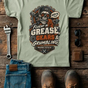 Mechanic Skull T-Shirt — "Fluent in Grease, Gears and Grumbling" Graphic Tee — bay t-shirt, flat-lay product photo | Pressure Tested Co