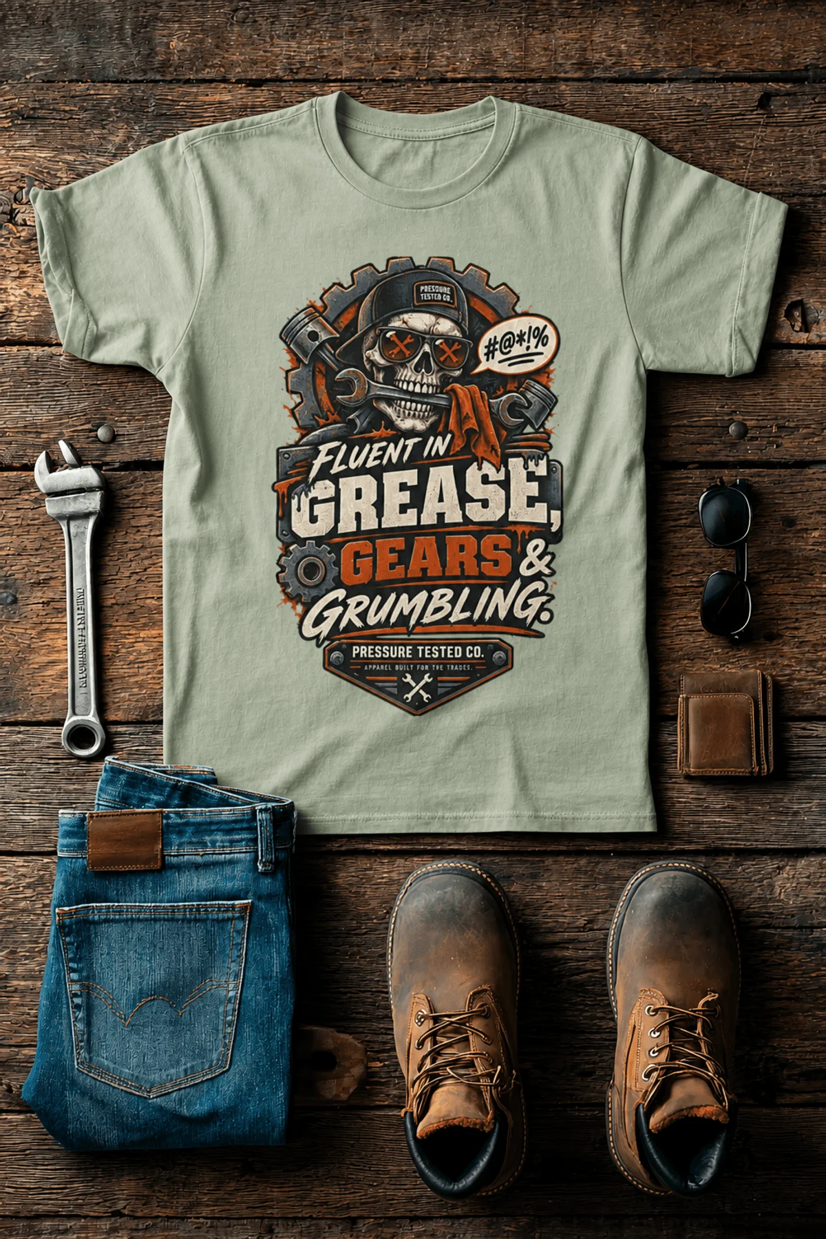 Mechanic Skull T-Shirt — "Fluent in Grease, Gears and Grumbling" Graphic Tee — bay t-shirt, flat-lay product photo | Pressure Tested Co