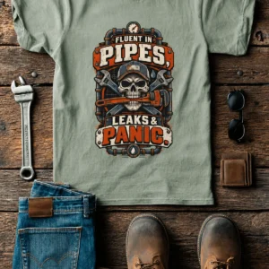 Plumber Skull T-Shirt — "Fluent in Pipes, Leaks and Panic" Workwear Tee — bay t-shirt, flat-lay product photo | Pressure Tested Co