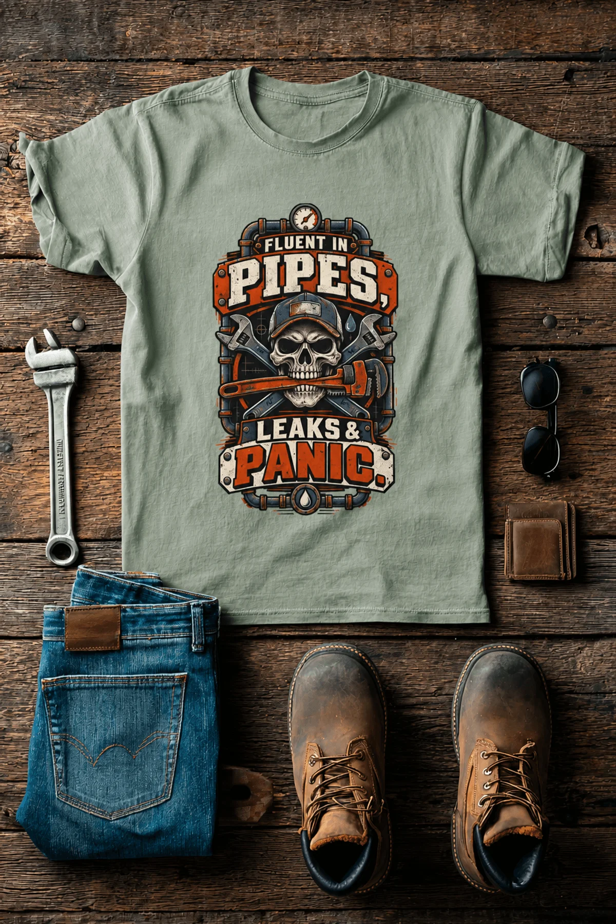 Plumber Skull T-Shirt — "Fluent in Pipes, Leaks and Panic" Workwear Tee — bay t-shirt, flat-lay product photo | Pressure Tested Co