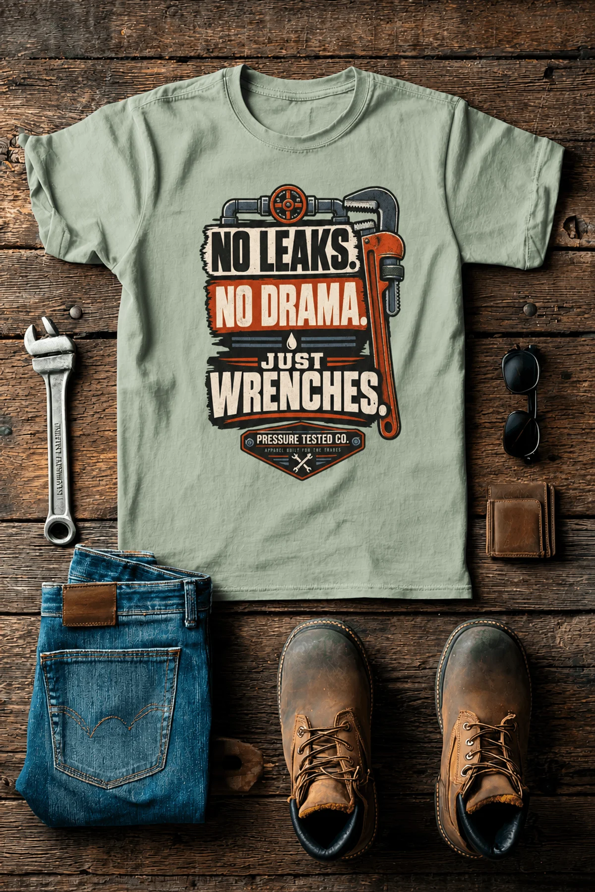 "No Leaks, No Drama, Just Wrenches" Vintage Plumbing Tee — bay t-shirt, flat-lay product photo | Pressure Tested Co