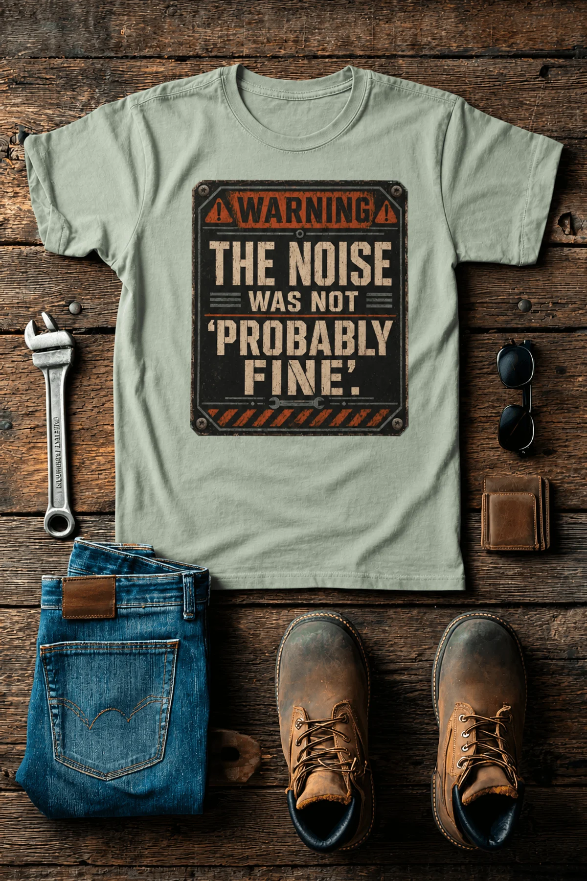 Warning Sign T-Shirt — "The Noise Was Not 'Probably Fine'" Vintage Graphic Tee — bay t-shirt, flat-lay product photo | Pressure Tested Co