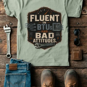 HVAC Tech T‑Shirt – "Fluent In BTUs And Bad Attitudes" — bay t-shirt, flat-lay product photo | Pressure Tested Co