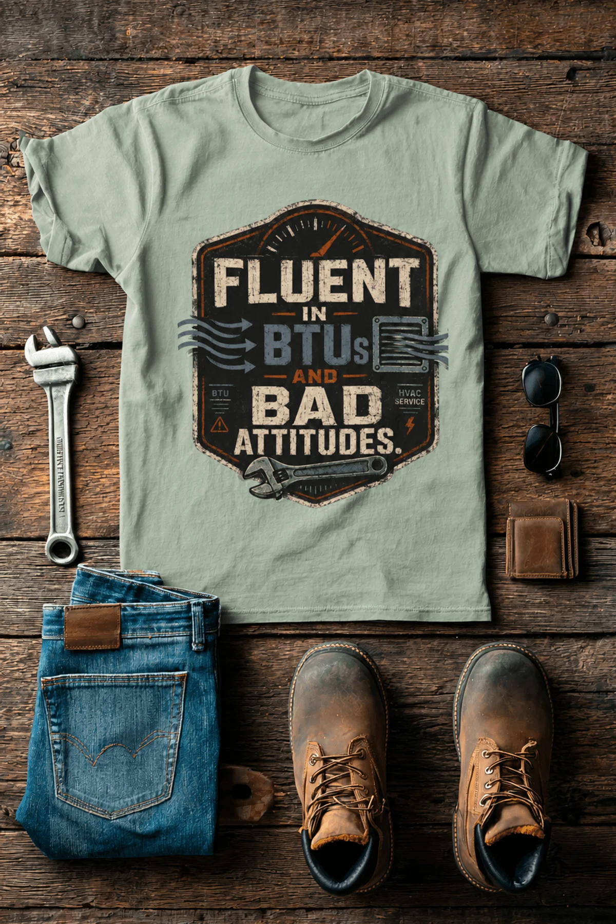HVAC Tech T‑Shirt – "Fluent In BTUs And Bad Attitudes" — bay t-shirt, flat-lay product photo | Pressure Tested Co
